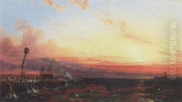 Coastal Scene At Sunset Oil Painting by Henry Bright