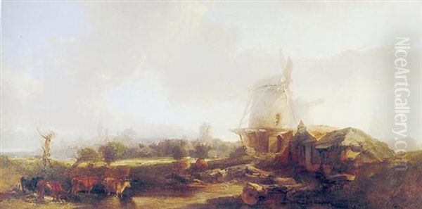 Scene In Holland, Cattle By A Windmill Oil Painting by Henry Bright