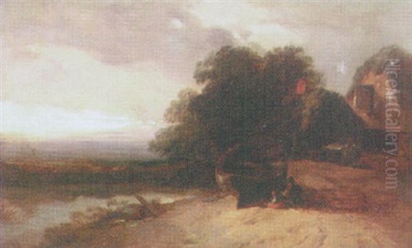 Figures By A Riverside Cottage Oil Painting by Henry Bright