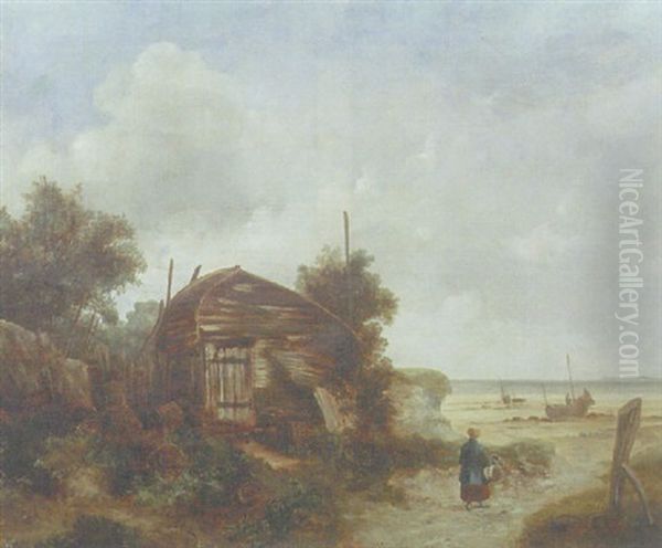 Fishing Boats Drawn Up On The Shore Oil Painting by Henry Bright