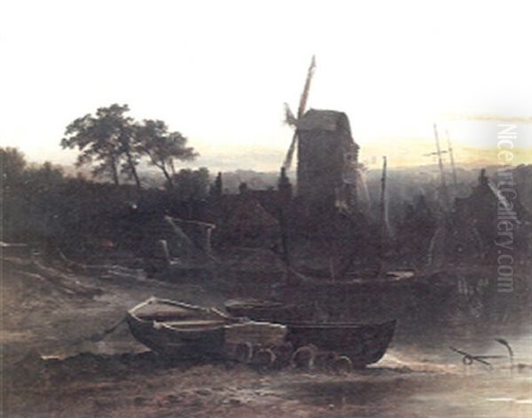 A Twilight River Landscape With Fishing Smacks On The Beach In The Foreground And A Windmill Beyond Oil Painting by Henry Bright