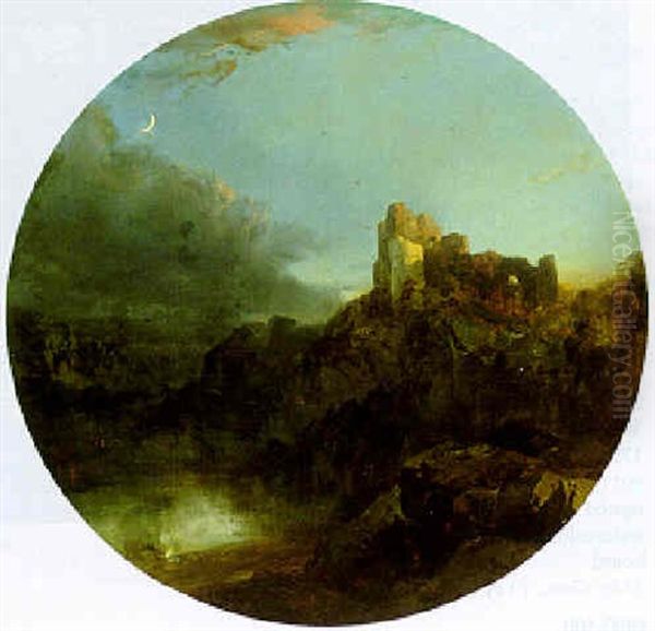 Moonlit Landscape With Ruined Castle Oil Painting by Henry Bright