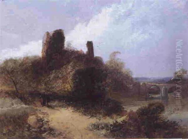 Figures On A Path Before Okehampton Castle Oil Painting by Henry Bright