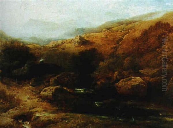 A Figure By A Rocky Stream Oil Painting by Henry Bright