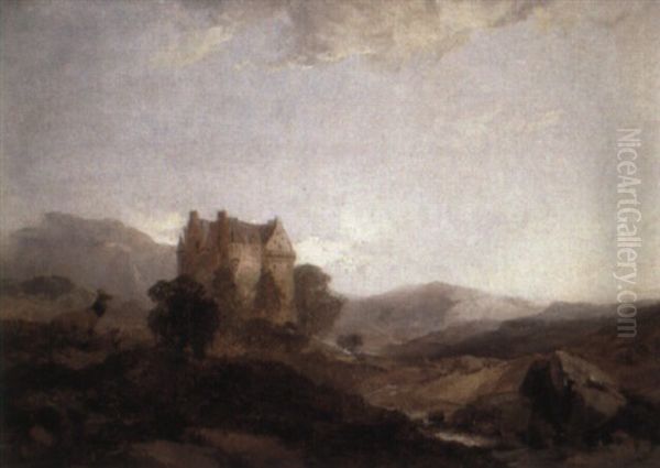 Deer Before A Castle In Scotland by Henry Bright