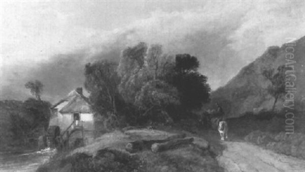 Watermill In A Wooded Landscape With A Horse And Cart Oil Painting by Henry Bright