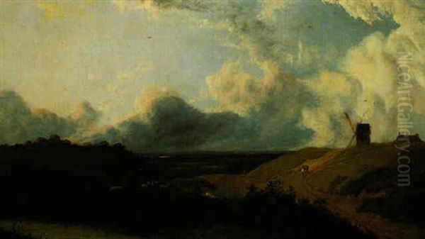 Weite Dunenlandschaft Mit Schafen Und Einer Windmuhle Oil Painting by Henry Bright