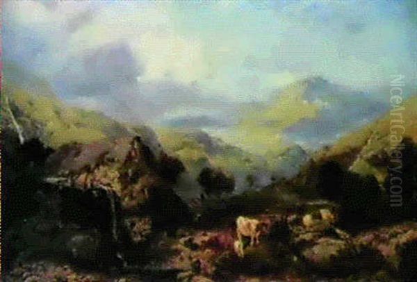 Cattle And A Figure Before A Water Mill In The Welsh        Mountains Oil Painting by Henry Bright