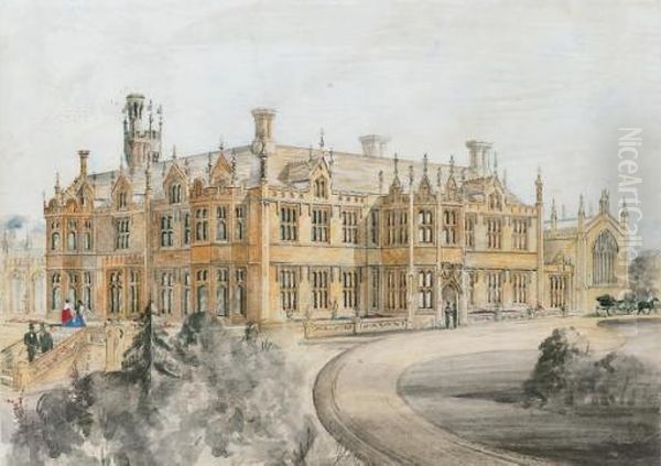 Figures Promenading Outside Ketteringham Hall Oil Painting by Thomas Allason