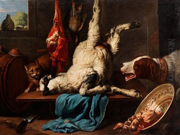 Stilleben Mit Totem Lamm Zwischen Katze Und Hund Oil Painting by Giovanni Francesco Briglia