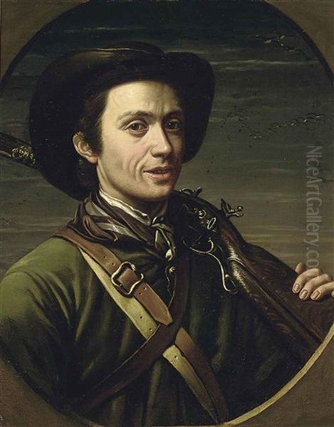 Portrait Of The Artist In Hunting Dress, A Rifle Resting On His Shoulder, With Duck In Flight Beyond Oil Painting by Giovanni Francesco Briglia