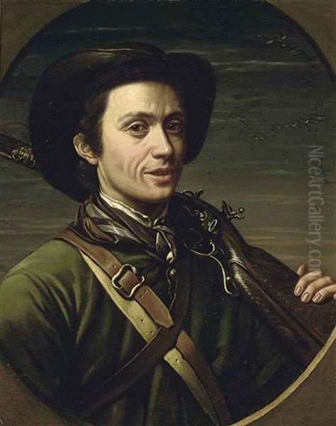 Portrait Of The Artist In Hunting Dress, A Rifle Resting On His Shoulder, With Duck In Flight Beyond Oil Painting by Giovanni Francesco Briglia