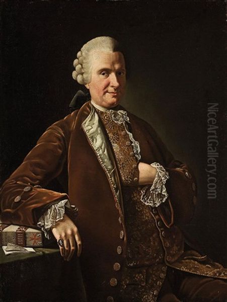 Portrait Of A Gentleman, Seated, In A Rust Coat And Gold Embroidered Waistcoat, His Right Hand Resting On A Book Oil Painting by Giovanni Francesco Briglia