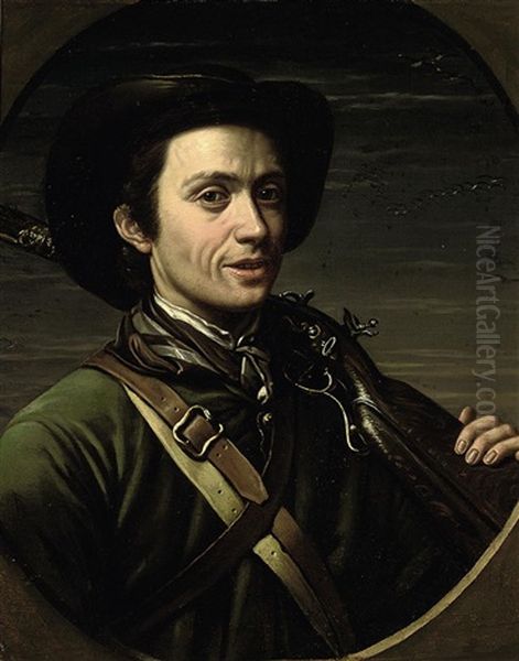 Portrait Of The Artist, In Hunting Dress, A Rifle Resting On His Shoulder, With Duck In Flight Beyond Oil Painting by Giovanni Francesco Briglia