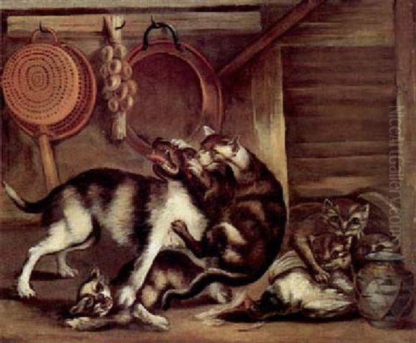 Gatto Che Si Difende Da Un Cane Oil Painting by Giovanni Francesco Briglia