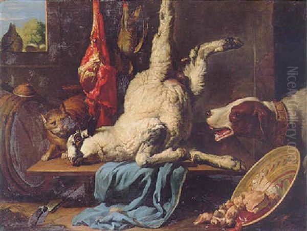 A Dog Confronting A Cat In The Vicinity Of A Dead Lamb Suspended Above A Wooden Table Draped With A Blue Cloth Oil Painting by Giovanni Francesco Briglia