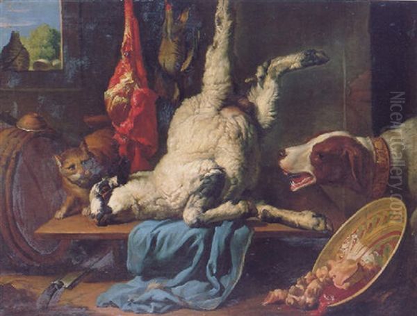 A Dog Confronting A Cat In The Vicinity Of A Dead Lamb, A Partridge And A Leg Of Lamb Suspended Above A Wooden Table by Giovanni Francesco Briglia