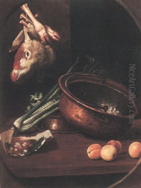 Still Life Of Copper Pans, Plums, Salami, And Celeriac, On A Table With A Cow's Head Oil Painting by Giovanni Francesco Briglia