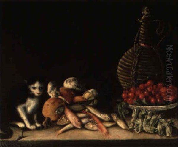 Gatto Vicino A Funghi, Pesci E Ciliege Oil Painting by Giovanni Francesco Briglia