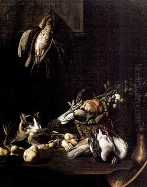 Entablement De Cuisine Avec Un Chat Oil Painting by Giovanni Francesco Briglia