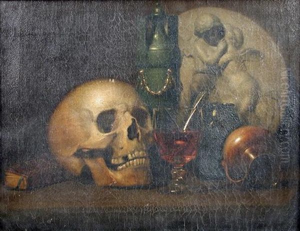 A Vanitas Still Life, With A Skull, A Roemer, A Green Vase, And A Marble Plaque With Putti Embracing Oil Painting by Thomas Brigstocke