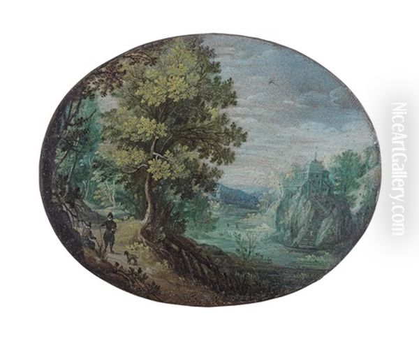 A Wooded, Hilly River Landscape With Two Travellers And A Dog Resting On A Path Oil Painting by Mattheus Bril the Younger