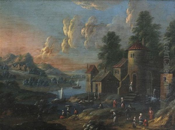 Fluslandschaft Mit Fischerbooten Bei Einem Belebten Dorf Oil Painting by Mattheus Bril the Younger