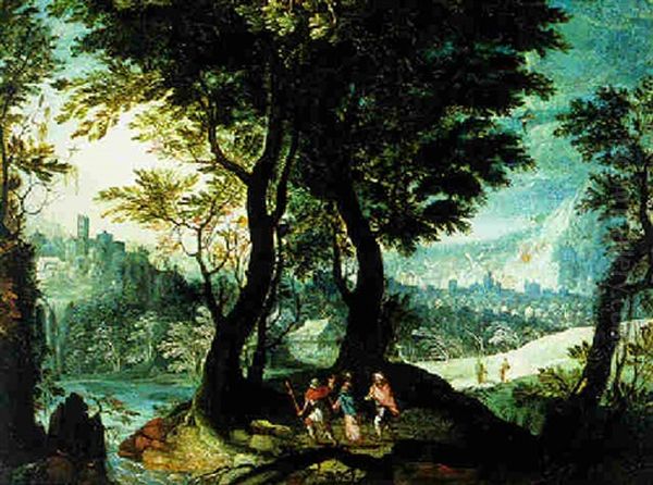 Bewaldete, Gebirgige Fluslandschaft Mit Emmausgangern Oil Painting by Mattheus Bril the Younger