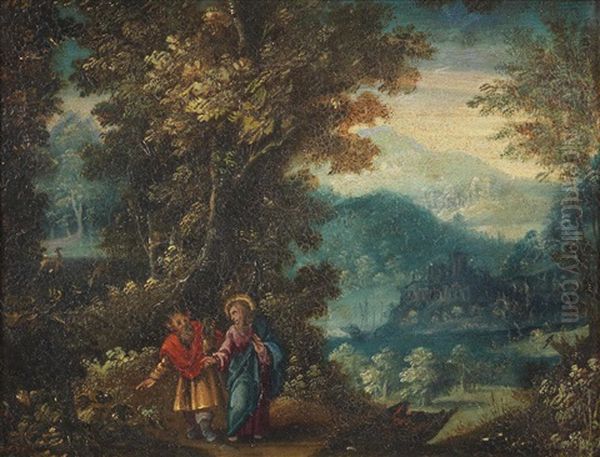 An Extensive Landscape With The Rest On The Flight Into Egypt; And An Extensive Landscape With The Temptation Of Christ (pair) Oil Painting by Paul Bril