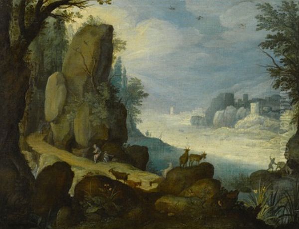 Rocky Landscape With Goats And Shepherds Oil Painting by Paul Bril