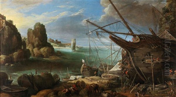 A Coastal View With A Large Ship Being Repaired Oil Painting by Paul Bril