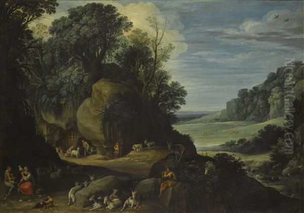 An Extensive Landscape With Herdsmen Resting On A Rocky Outcrop, A Woman Spinning Wool In The Foreground Oil Painting by Paul Bril