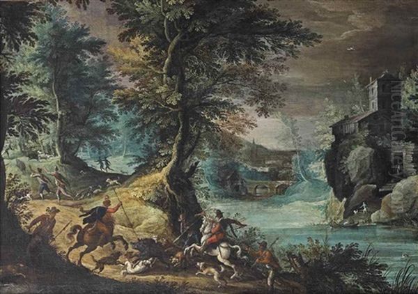 A Wooded River Landscape With A Boar Hunt Oil Painting by Paul Bril