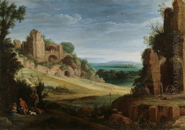 A Rocky Landscape With A Hunting Party Near Roman Ruins Oil Painting by Paul Bril