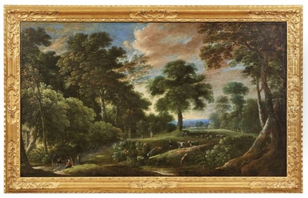 Schafer Mit Seiner Herde In Arkadischer Landschaft Oil Painting by Paul Bril