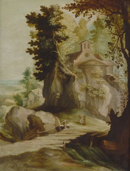 Waldlandschaft Mit Einer Kapelle Und Zwei Wanderern Bei Einem Holzsteg Oil Painting by Paul Bril