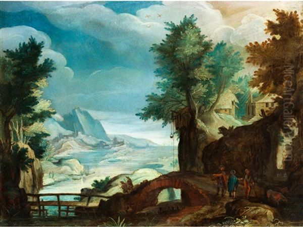 Landschaft Mit Flusslauf, Steinbrucke, Gebauden Und Figurenstaffage Oil Painting by Paul Bril