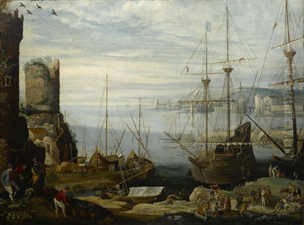 A Capriccio Harbor Scene With Boats, Ships And Numerous Figures In The Foreground Oil Painting by Paul Bril