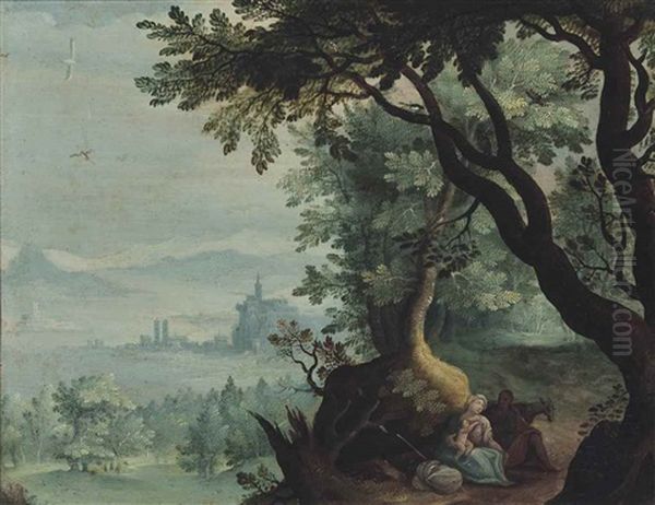 An Extensive Wooded Landscape With The Rest On The Flight Into Egypt Oil Painting by Paul Bril