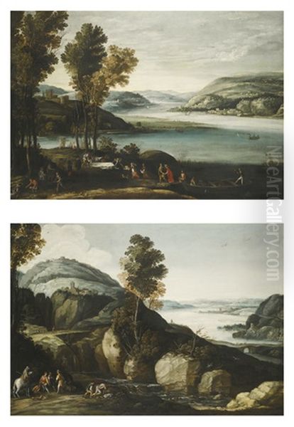 Landscape With Figures Preparing For An Outdoor Feast; River Landscape With A Shooting Party (pair) Oil Painting by Paul Bril