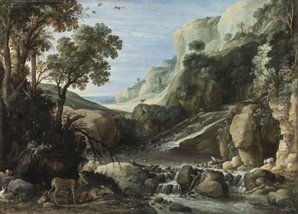 Mountainous Landscape With Wildlife Around A Cascade Oil Painting by Paul Bril