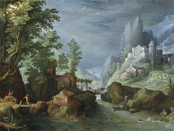 A Mountainous River Landscape With Travelers Crossing A Bridge, A Town On The Mountainside To The Right Oil Painting by Paul Bril