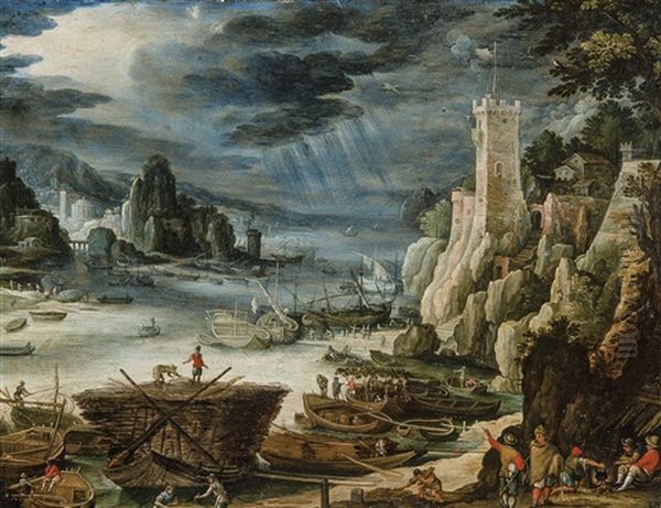 Paysage Rocheux Avec Port De Mer Et Nombreuses Figurines Et Embarcations Oil Painting by Paul Bril