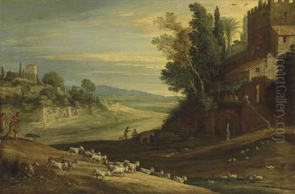 An Extensive Italianate Landscape With Shepherds Watering Their Flocks By A Stream, With Jesus And Two Disciples At Emmaus by Paul Bril