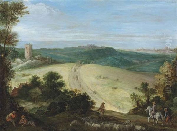 An Extensive Wooded Landscape With A Shepherd And His Flock, A Ruined Tower And City Beyond Oil Painting by Paul Bril