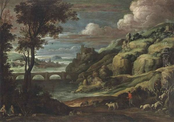 An Extensive Landscape With A Castle On A Hill Above A Bridge, With Shepherds On A Path And Birdcatchers Resting In The Foreground Oil Painting by Paul Bril