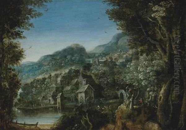 A Wooded River Landscape With Villagers Conversing Oil Painting by Paul Bril