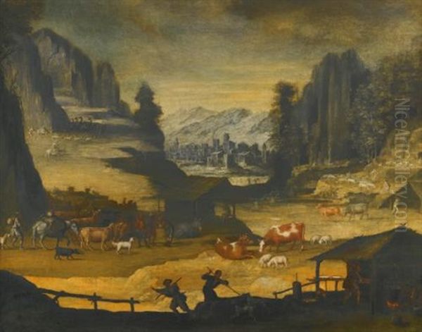 Mountainous Landscape With Cows, Herders And Wolves Oil Painting by Paul Bril