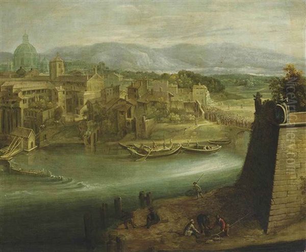 A View Of A Harbour With Figures On A Shore, St. Peter's And The Church Of Santo Spirito In Sassia Beyond Oil Painting by Paul Bril