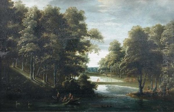 Duck Shooting On Decoy Ponds, With Sportsmen With Nets And Guns Oil Painting by Paul Bril